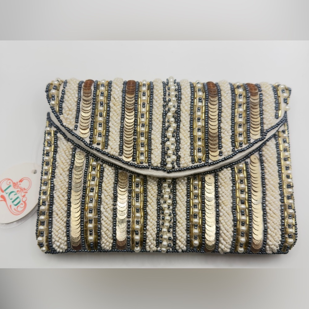 NEW LCD BEADED CLUTCH SHOULDER BAG SILVER GOLD PEARL BEADS EVENING FANCY GLAM